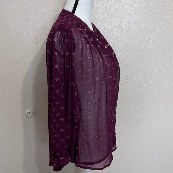 SOLD E Anthropologie Moulinette Soeurs Plum Gold Metallic Sheer Button Up Blouse - Picture 3 of 10